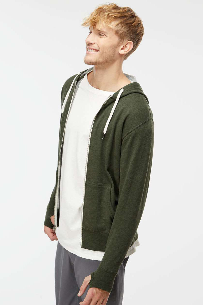 Independent Trading Company PRM90HTZ Mens French Terry Full Zip Hooded Sweatshirt Hoodie w/ Pockets Heather Olive Green Model Side
