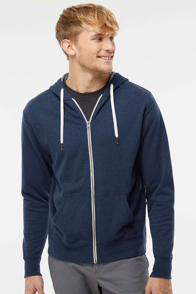 Independent Trading Company PRM90HTZ Mens French Terry Full Zip Hooded Sweatshirt Hoodie w/ Pockets Heather Navy Blue Model Front