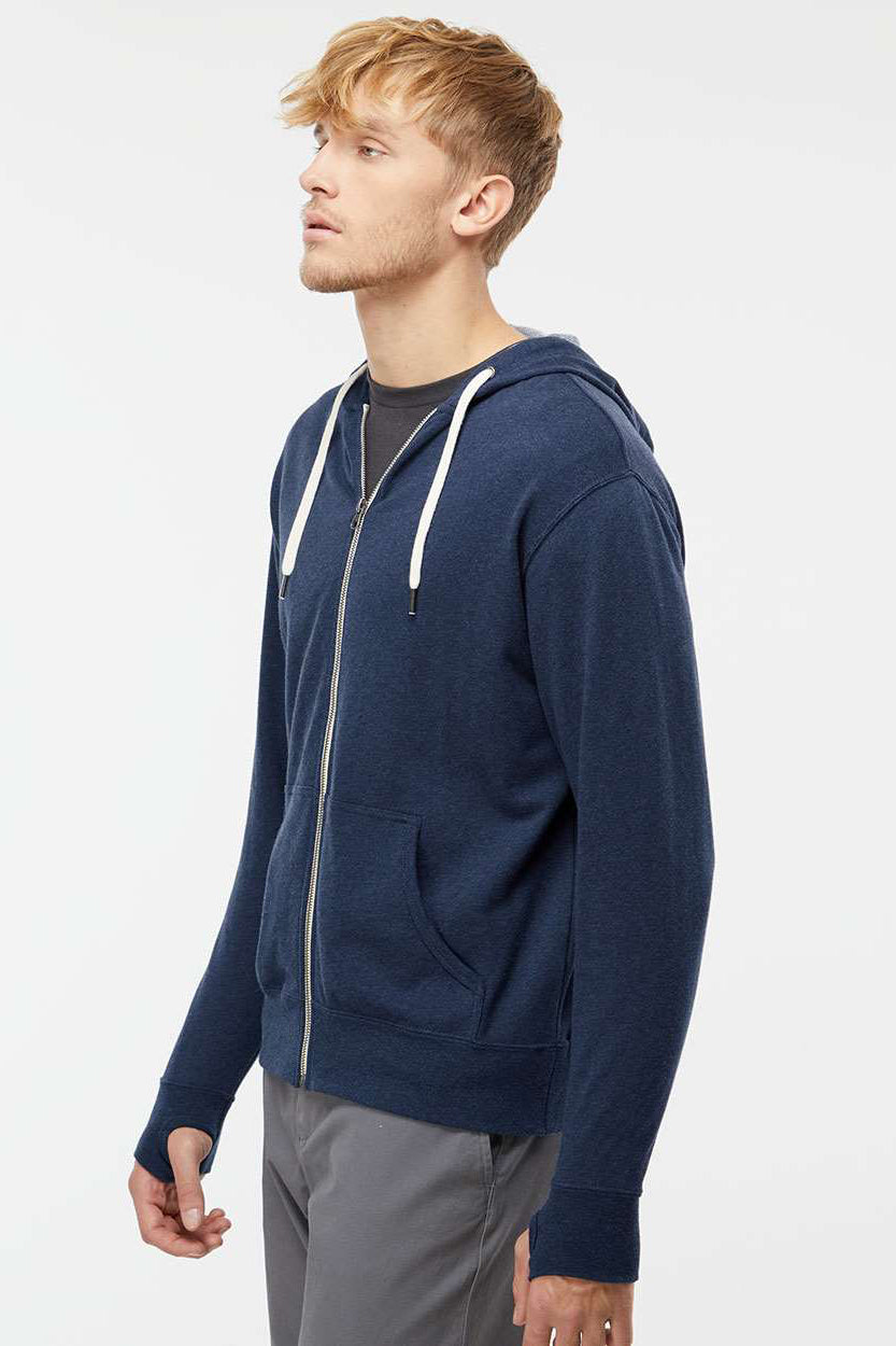Independent Trading Company PRM90HTZ Mens French Terry Full Zip Hooded Sweatshirt Hoodie w/ Pockets Heather Navy Blue Model Side