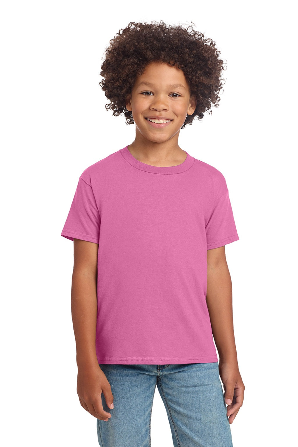 Gildan 64000B Youth Softstyle Short Sleeve Crewneck T-Shirt Azalea Pink Model Front
