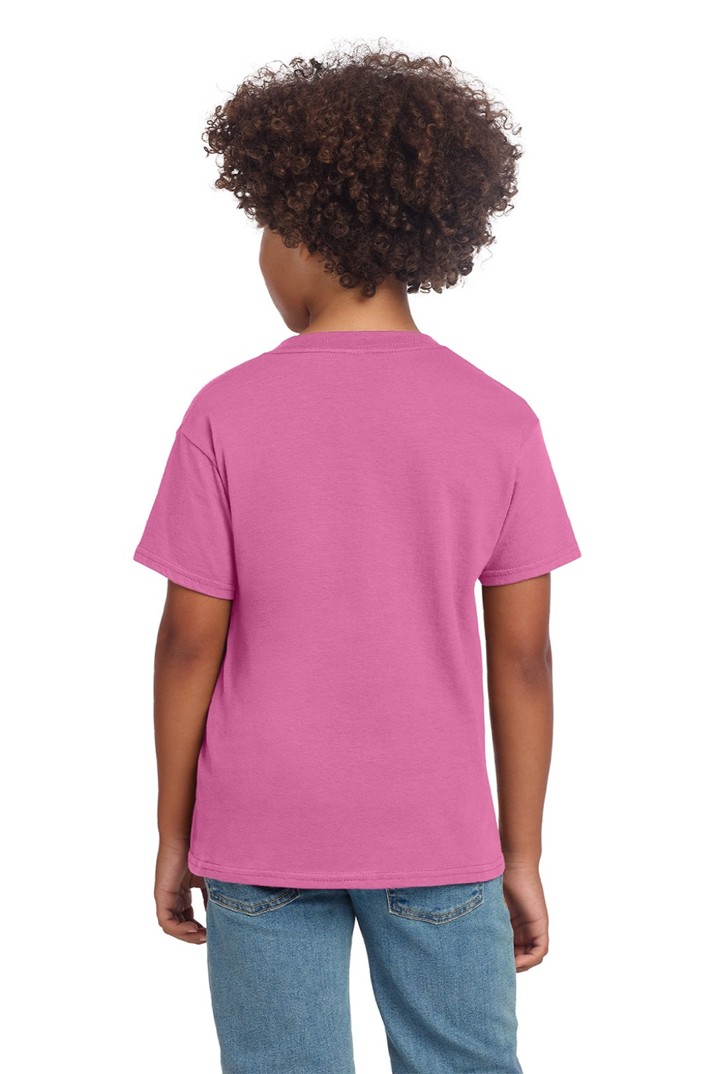 Gildan 64000B Youth Softstyle Short Sleeve Crewneck T-Shirt Azalea Pink Model Back