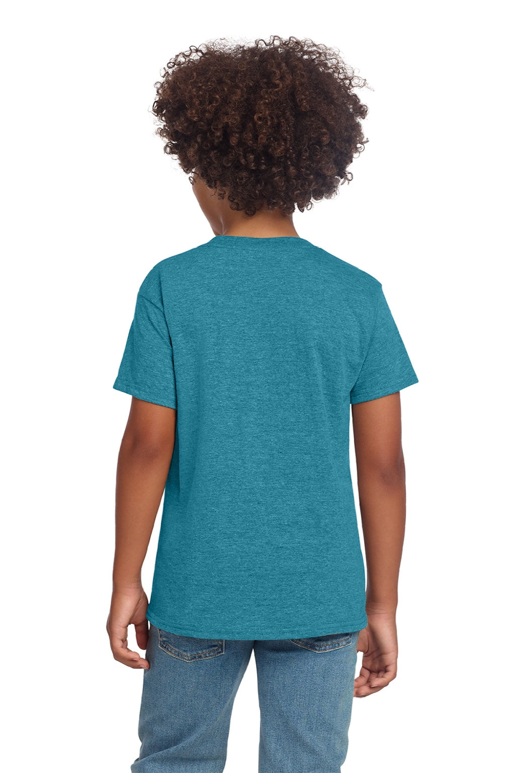 Gildan 64000B Youth Softstyle Short Sleeve Crewneck T-Shirt Heather Galapagos Blue Model Back