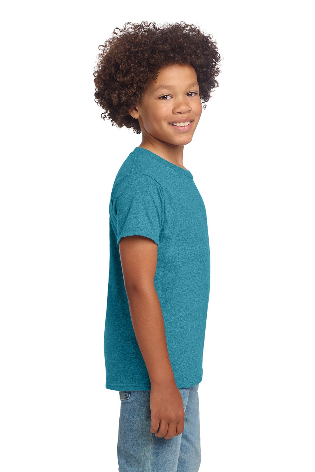 Gildan 64000B Youth Softstyle Short Sleeve Crewneck T-Shirt Heather Galapagos Blue Model Side
