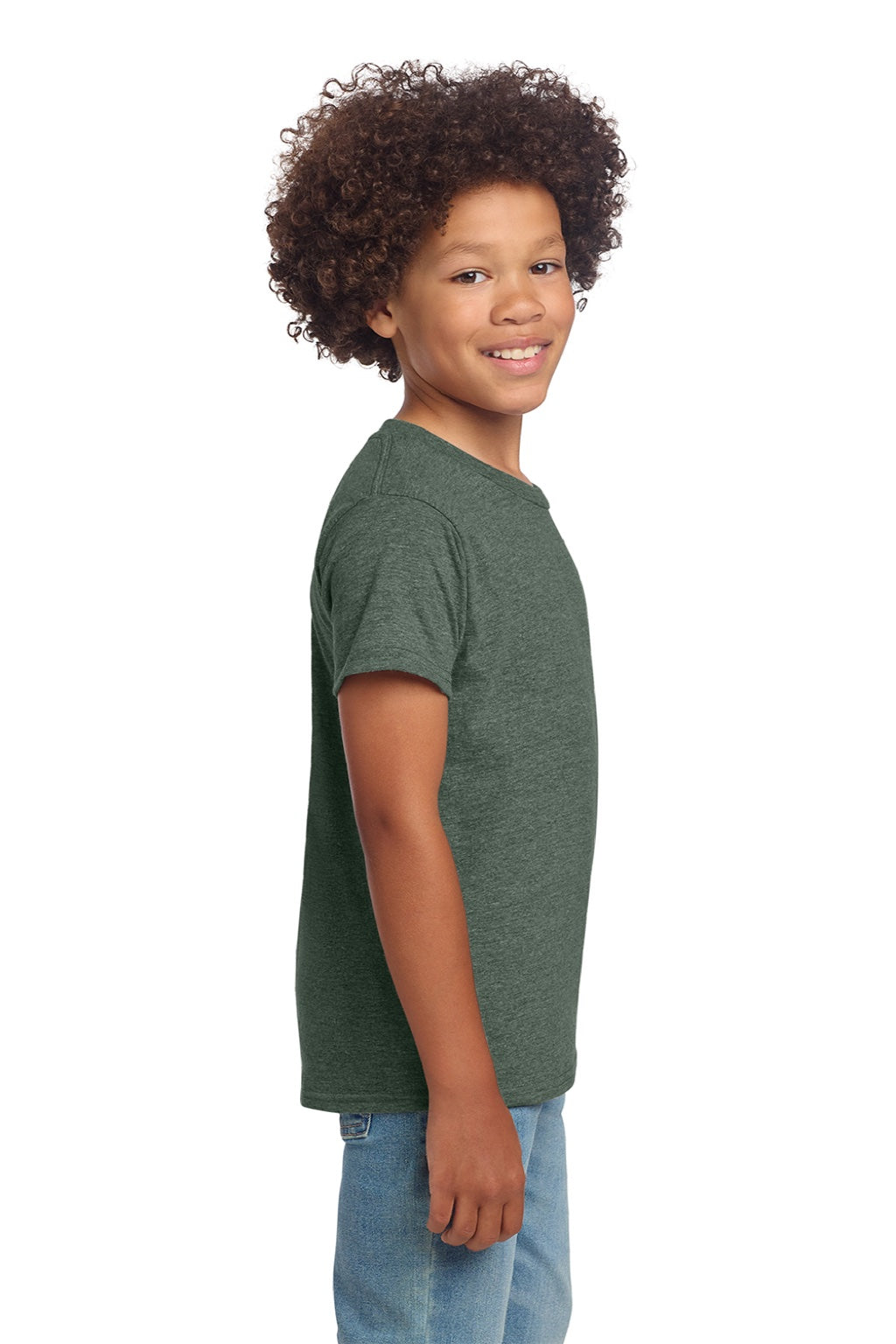 Gildan 64000B Youth Softstyle Short Sleeve Crewneck T-Shirt Heather Military Green Model Side