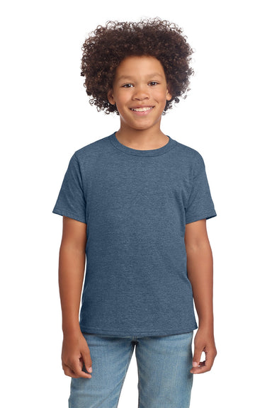 Gildan 64000B Youth Softstyle Short Sleeve Crewneck T-Shirt Heather Indigo Blue Model Front