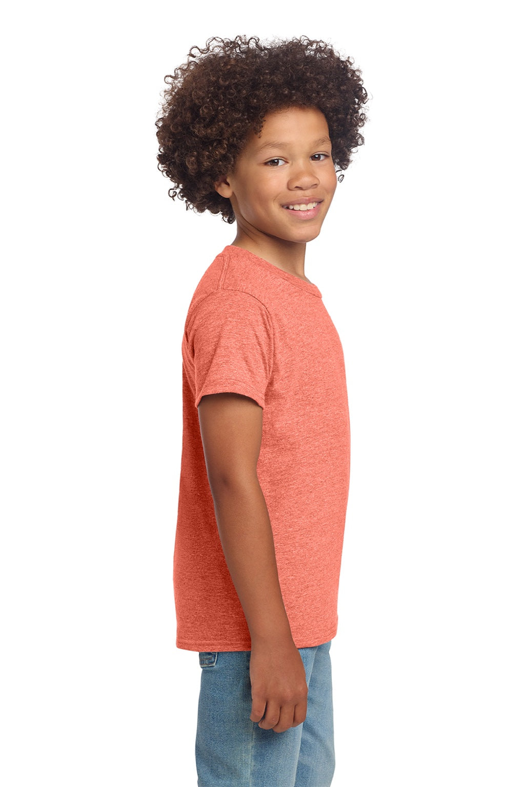 Gildan 64000B Youth Softstyle Short Sleeve Crewneck T-Shirt Heather Orange Model Side