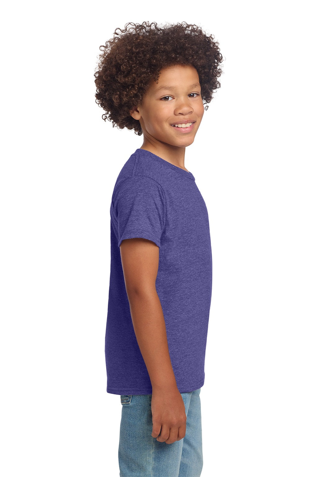 Gildan 64000B Youth Softstyle Short Sleeve Crewneck T-Shirt Heather Purple Model Side
