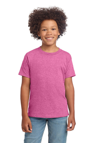Gildan 64000B Youth Softstyle Short Sleeve Crewneck T-Shirt Heather Heliconia Pink Model Front