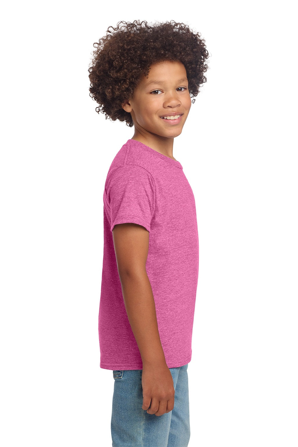 Gildan 64000B Youth Softstyle Short Sleeve Crewneck T-Shirt Heather Heliconia Pink Model Side