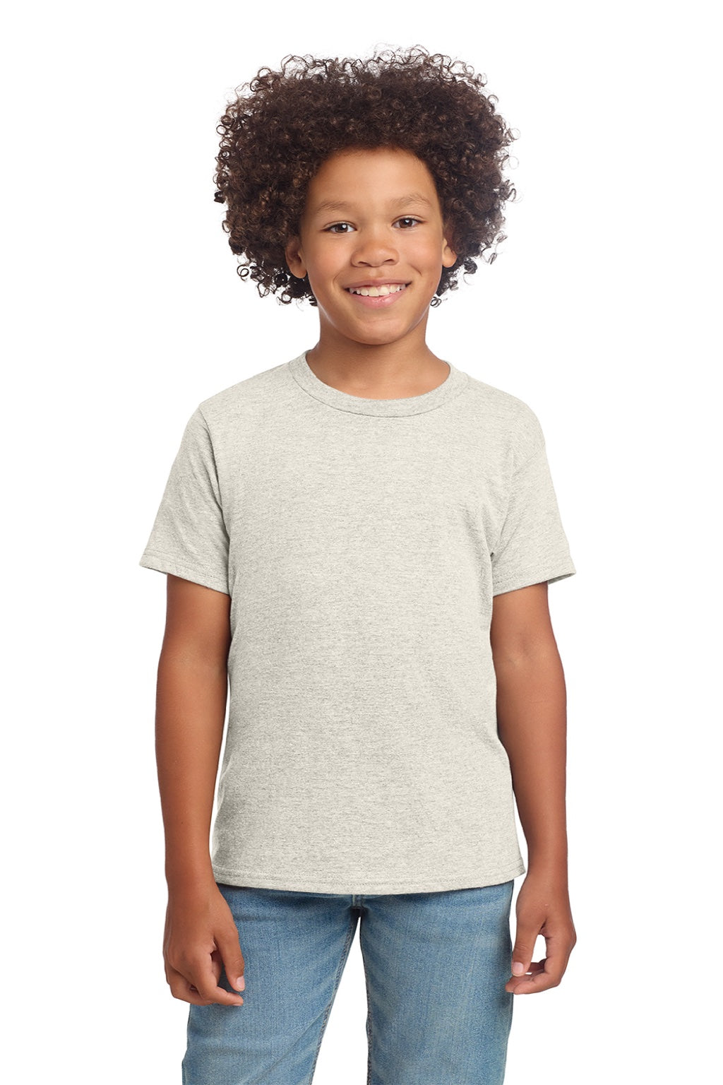Gildan 64000B Youth Softstyle Short Sleeve Crewneck T-Shirt Heather Oatmeal Model Front