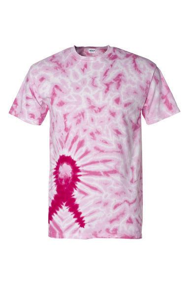 Dyenomite 200AR Mens Awareness Ribbon Tie Dyed Short Sleeve Crewneck T-Shirt Pink Flat Front