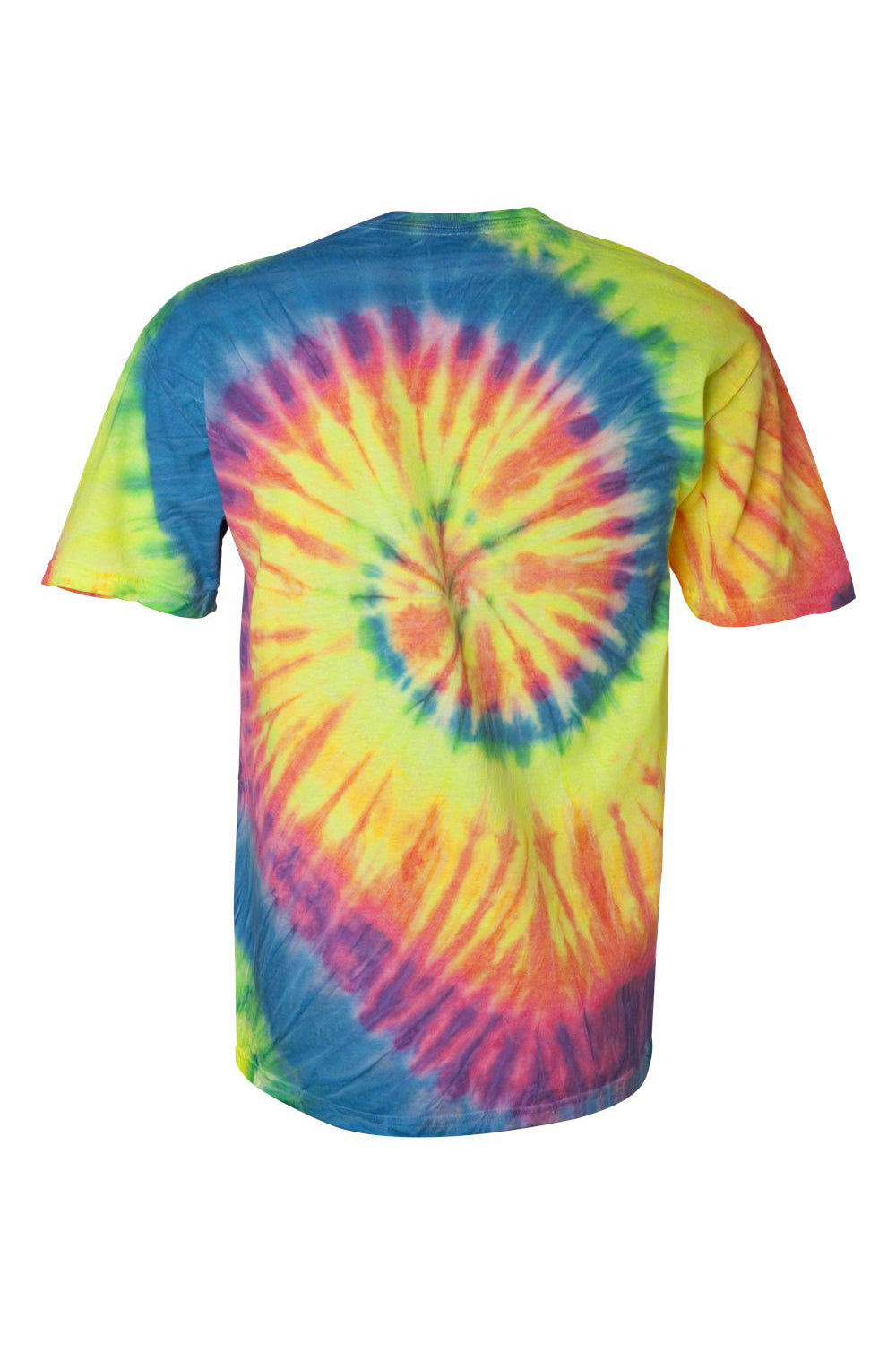 Dyenomite 200MS Mens Spiral Tie Dyed Short Sleeve Crewneck T-Shirt Fluorescent Rainbow Swirl Flat Back