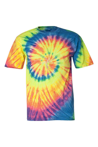 Dyenomite 200MS Mens Spiral Tie Dyed Short Sleeve Crewneck T-Shirt Fluorescent Rainbow Swirl Flat Front