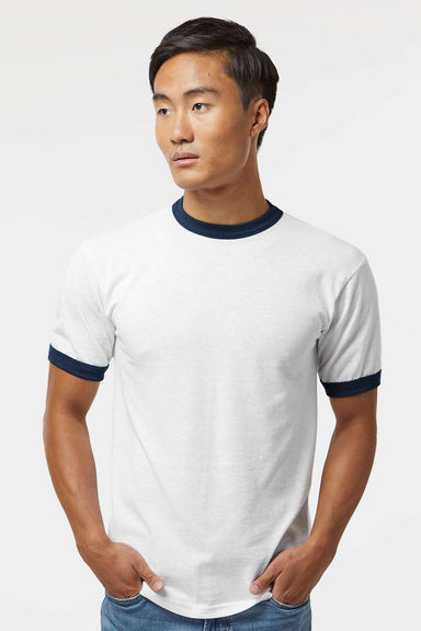Augusta Sportswear 710 Mens Ringer Short Sleeve Crewneck T-Shirt White/Navy Blue Model Front