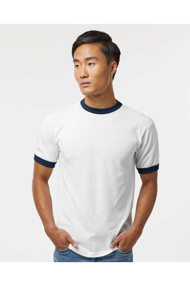 Augusta Sportswear 710 Mens Ringer Short Sleeve Crewneck T-Shirt White/Navy Model Front