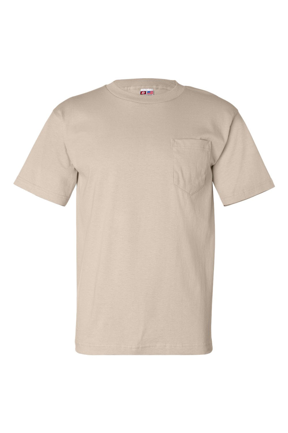 Bayside BA7100 Mens USA Made Short Sleeve Crewneck T-Shirt w/ Pocket Sand Flat Front
