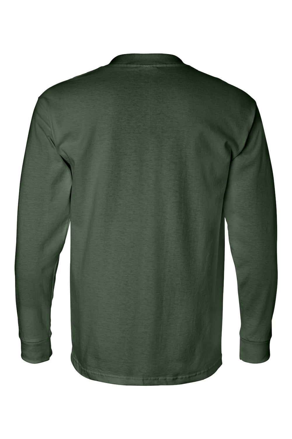 Bayside BA8100 Mens USA Made Long Sleeve Crewneck T-Shirt w/ Pocket Forest Green Flat Back