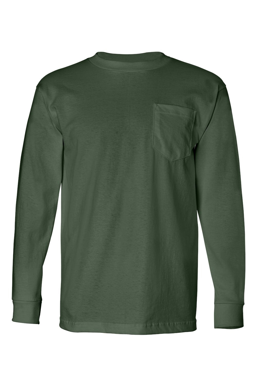 Bayside BA8100 Mens USA Made Long Sleeve Crewneck T-Shirt w/ Pocket Forest Green Flat Front