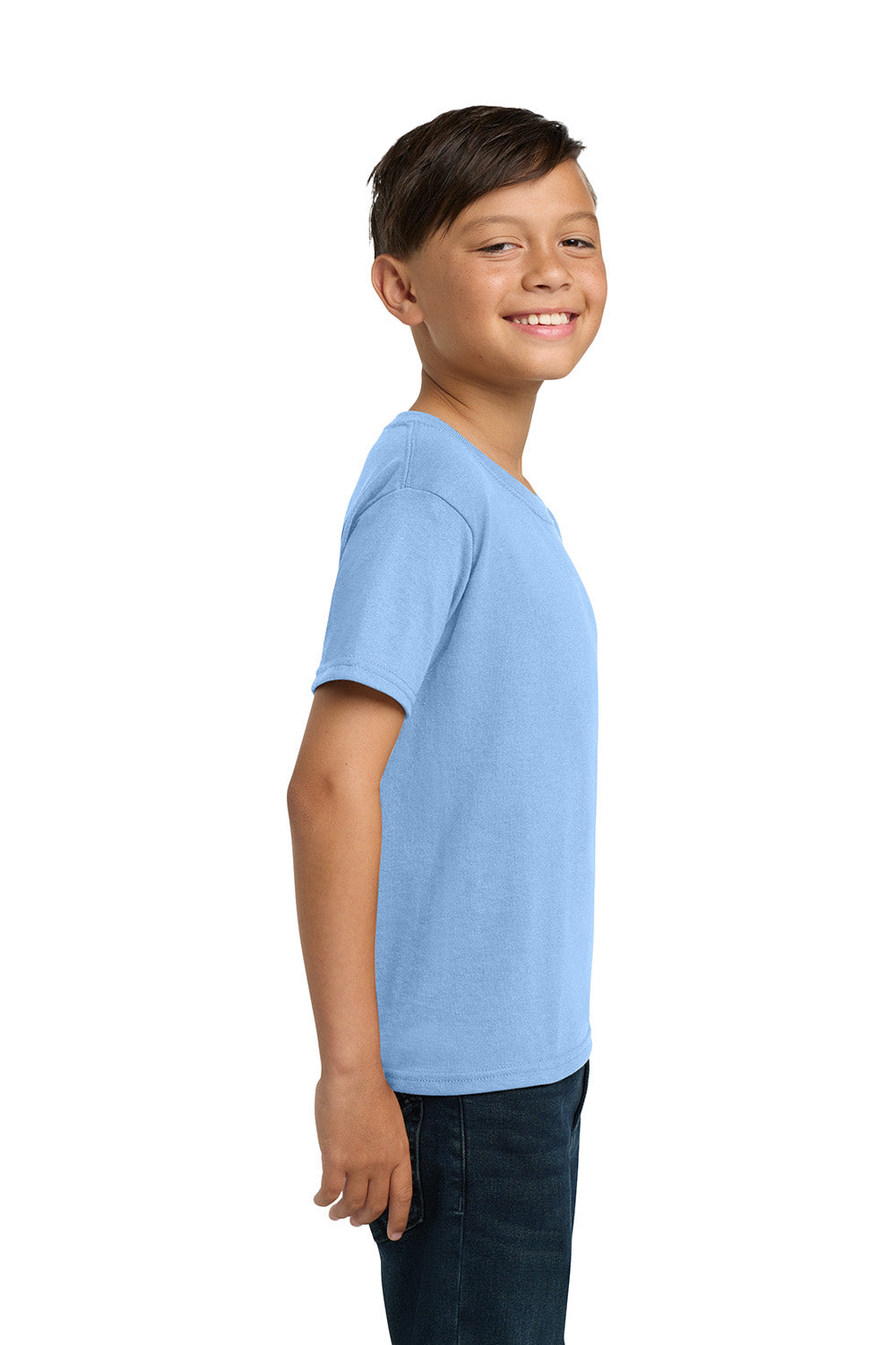 Jerzees 29B/29BR Youth Dri-Power Moisture Wicking Short Sleeve Crewneck T-Shirt Light Blue Model Side
