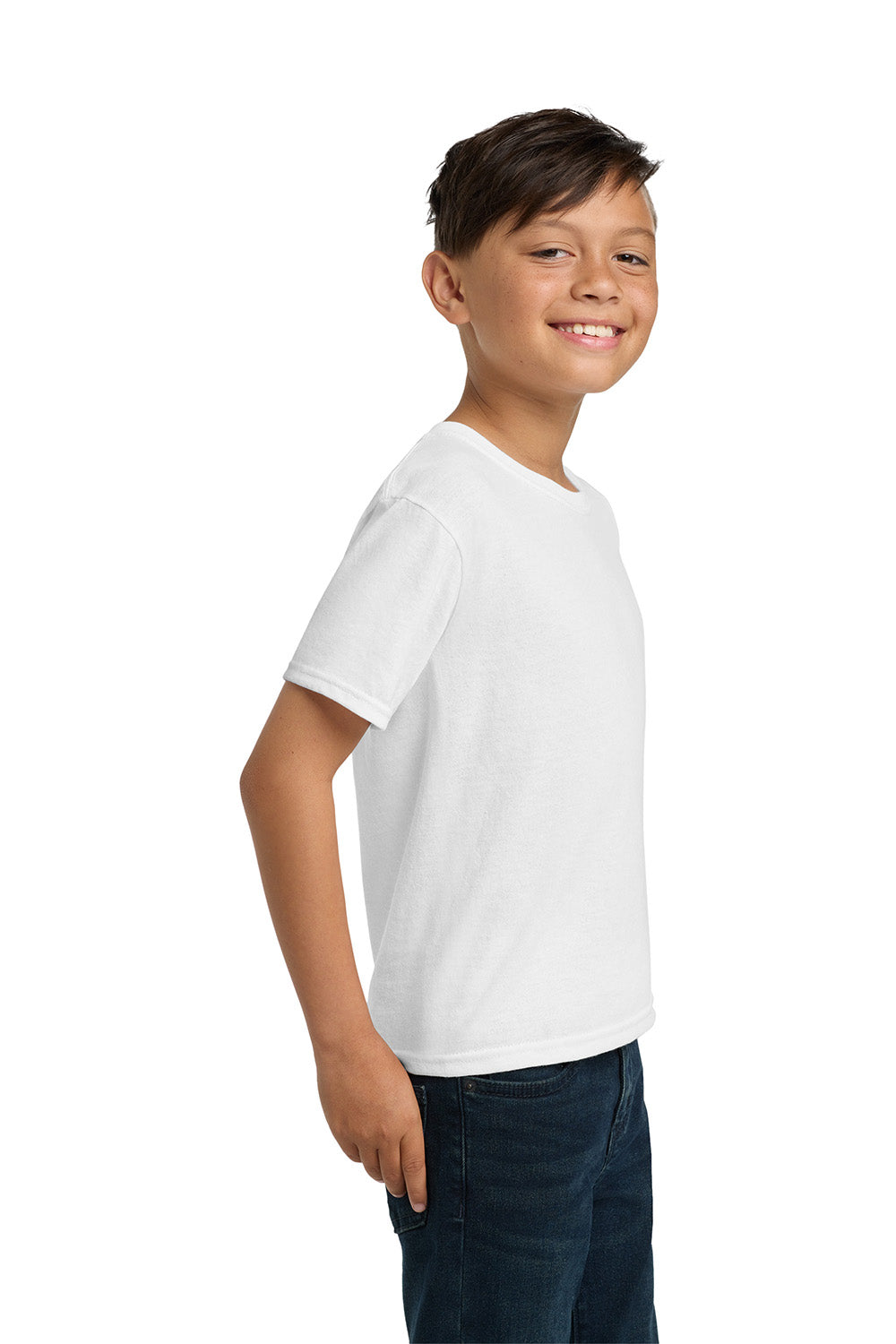 Jerzees 29B/29BR Youth Dri-Power Moisture Wicking Short Sleeve Crewneck T-Shirt White Model Side