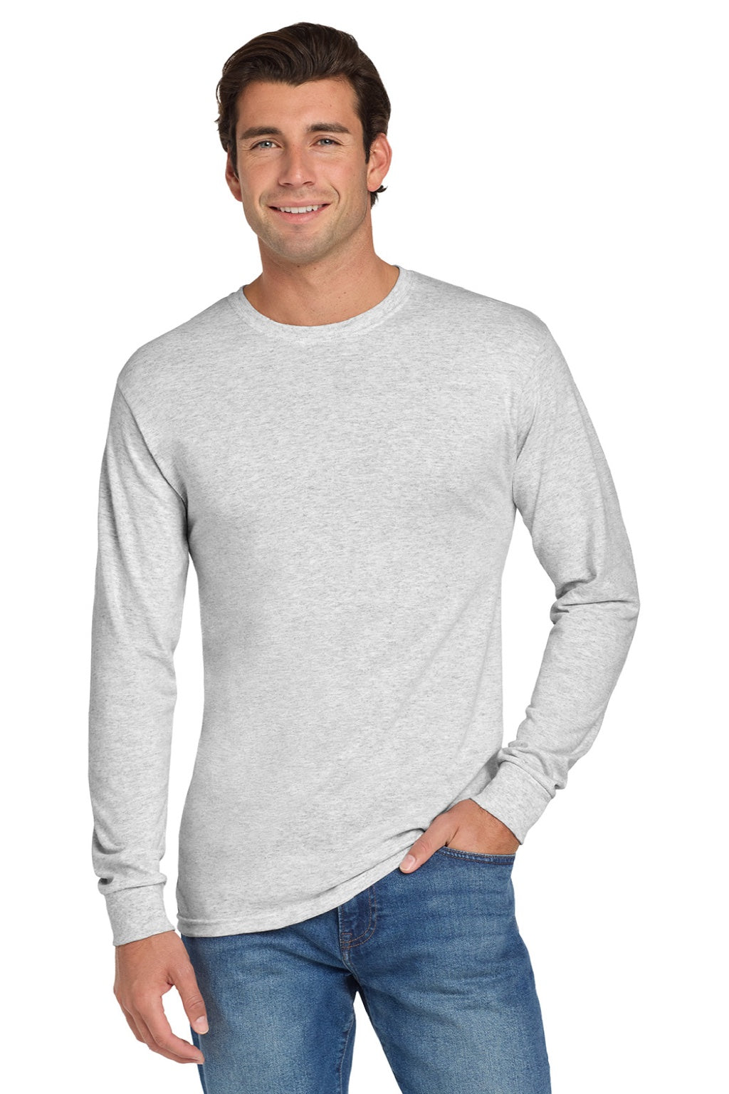 Jerzees 29LS/29LSR Mens Dri-Power Moisture Wicking Long Sleeve Crewneck T-Shirt Ash Grey Model Front