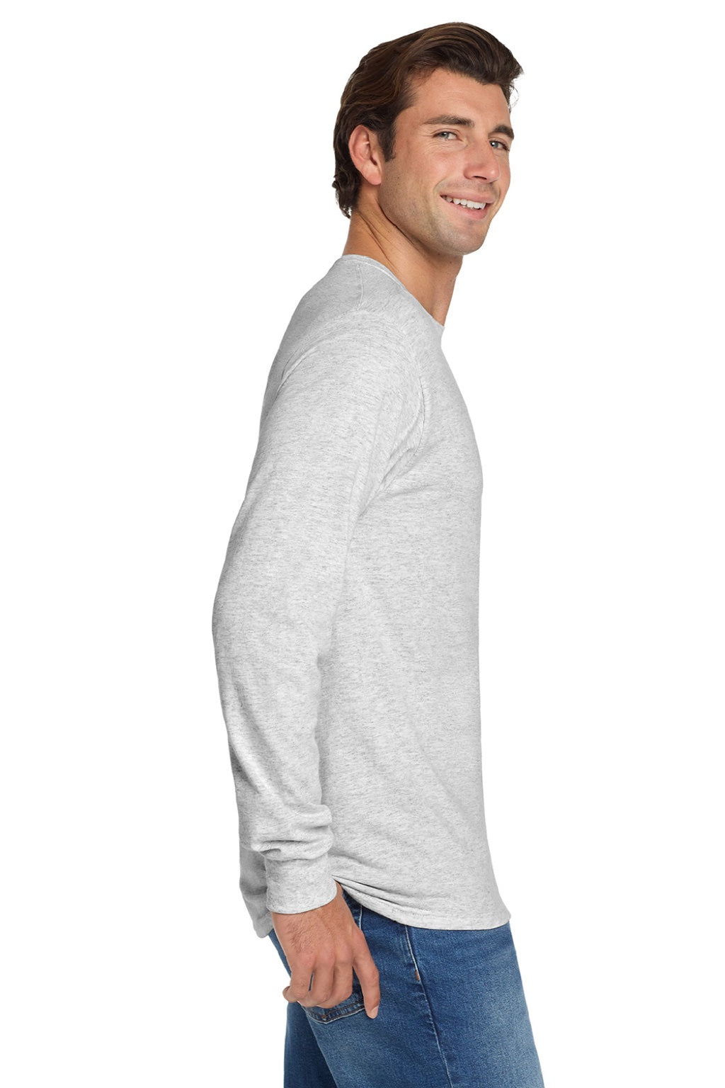 Jerzees 29LS/29LSR Mens Dri-Power Moisture Wicking Long Sleeve Crewneck T-Shirt Ash Grey Model Side