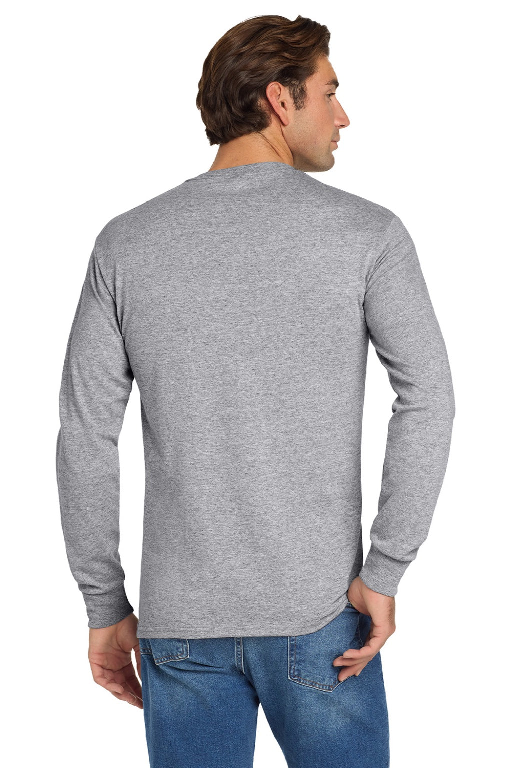 Jerzees 29LS/29LSR Mens Dri-Power Moisture Wicking Long Sleeve Crewneck T-Shirt Heather Grey Model Back