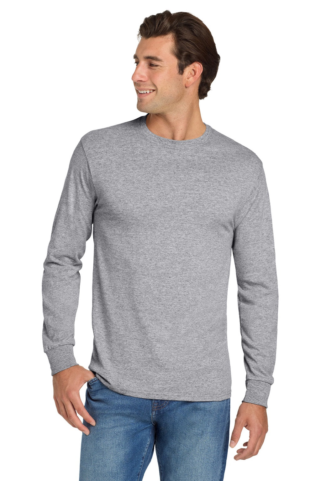 Jerzees 29LS/29LSR Mens Dri-Power Moisture Wicking Long Sleeve Crewneck T-Shirt Heather Grey Model Front
