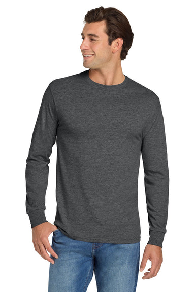 Jerzees 29LS/29LSR Mens Dri-Power Moisture Wicking Long Sleeve Crewneck T-Shirt Heather Black Model Front