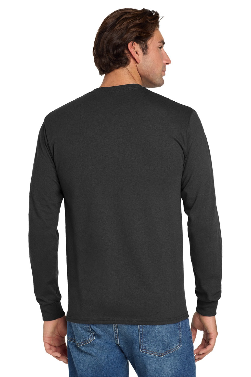 Jerzees 29LS/29LSR Mens Dri-Power Moisture Wicking Long Sleeve Crewneck T-Shirt Black Model Back