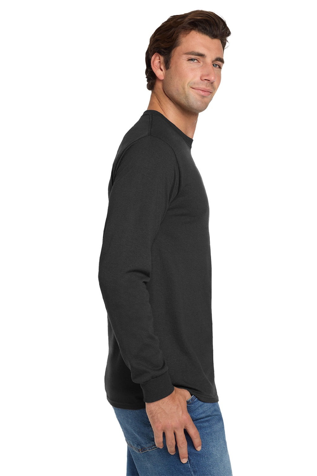 Jerzees 29LS/29LSR Mens Dri-Power Moisture Wicking Long Sleeve Crewneck T-Shirt Black Model Side
