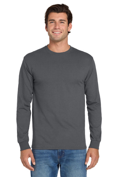 Jerzees 29LS/29LSR Mens Dri-Power Moisture Wicking Long Sleeve Crewneck T-Shirt Charcoal Grey Model Front