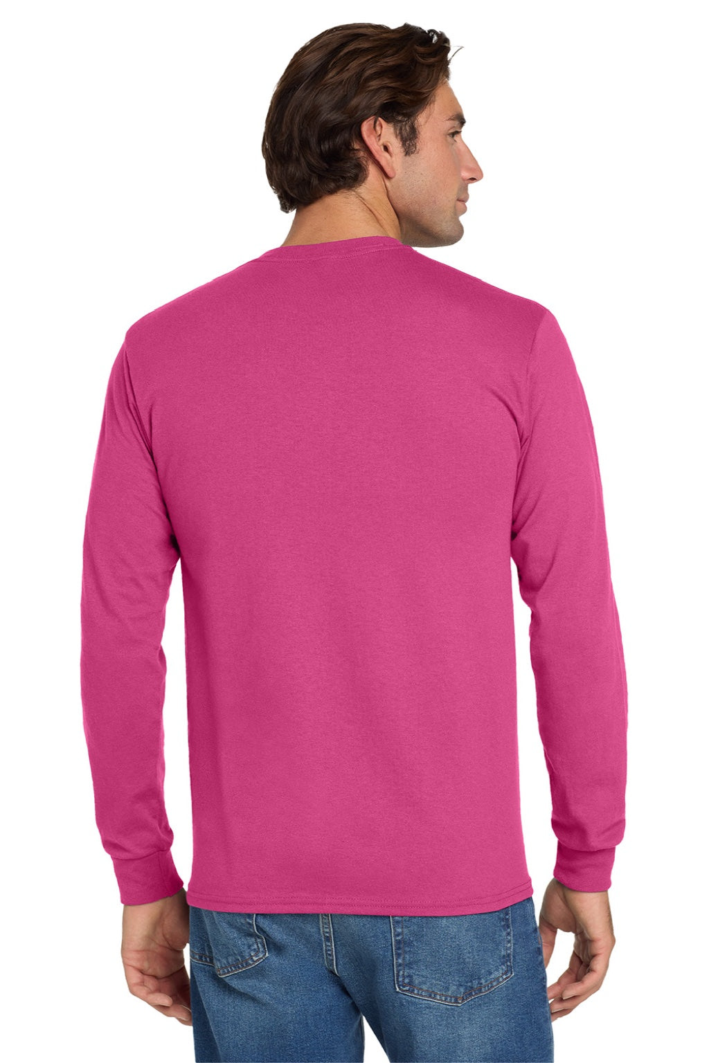 Jerzees 29LS/29LSR Mens Dri-Power Moisture Wicking Long Sleeve Crewneck T-Shirt Cyber Pink Model Back