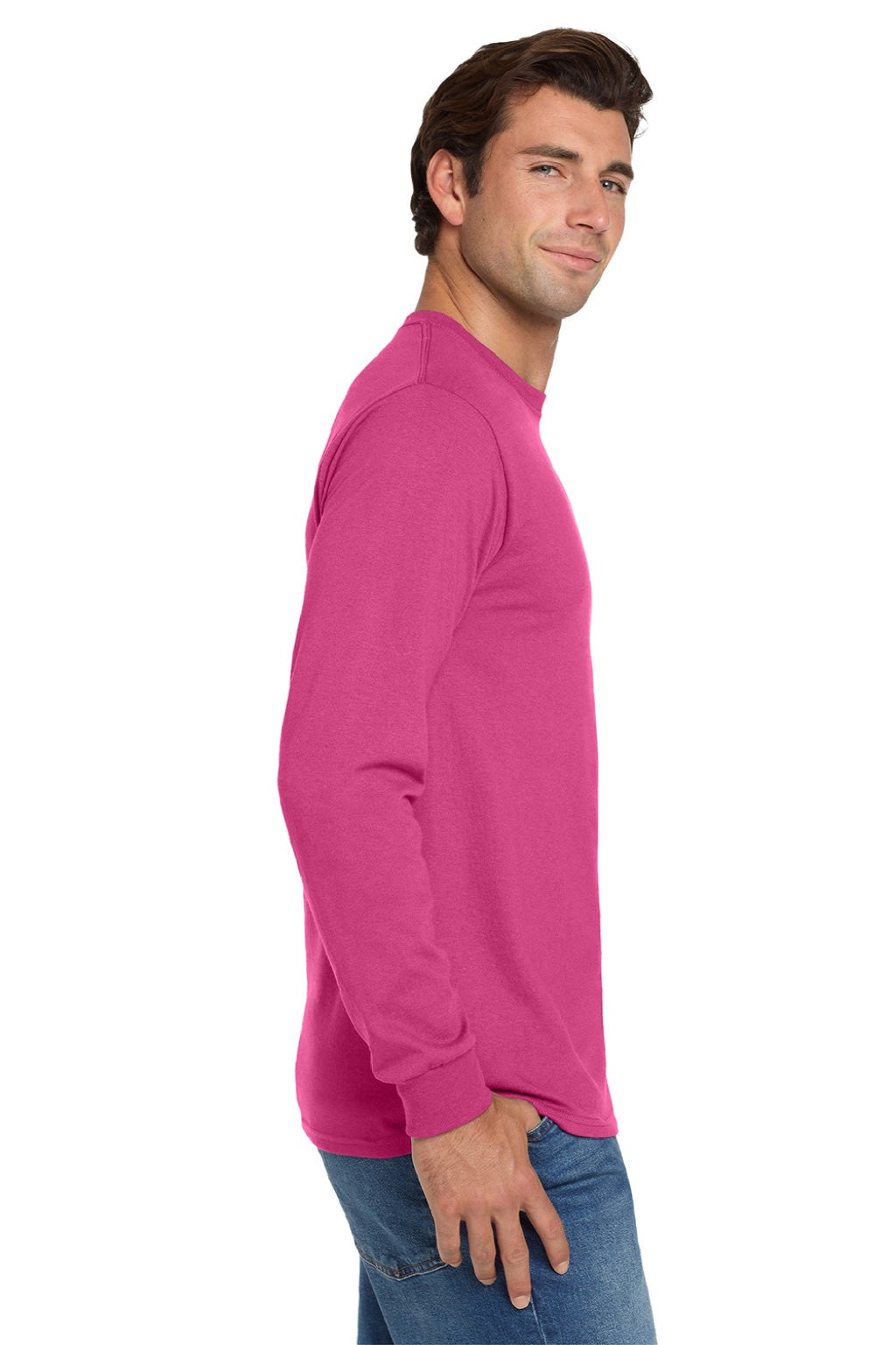 Jerzees 29LS/29LSR Mens Dri-Power Moisture Wicking Long Sleeve Crewneck T-Shirt Cyber Pink Model Side