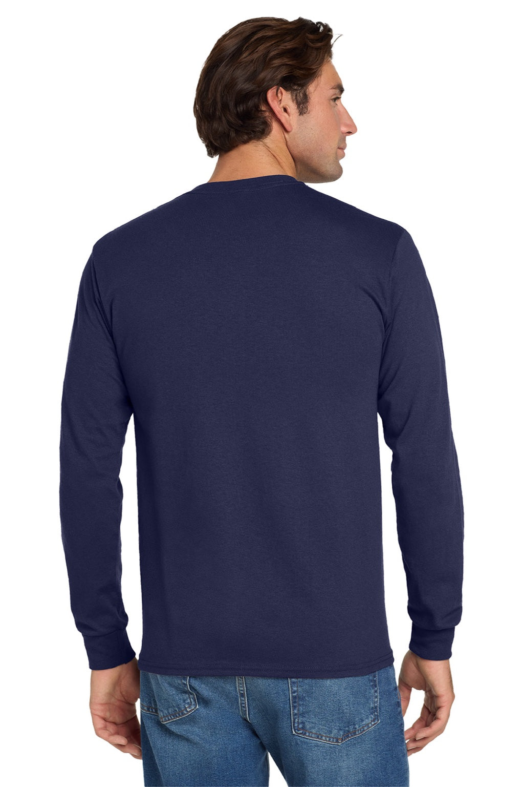 Jerzees 29LS/29LSR Mens Dri-Power Moisture Wicking Long Sleeve Crewneck T-Shirt Navy Blue Model Back
