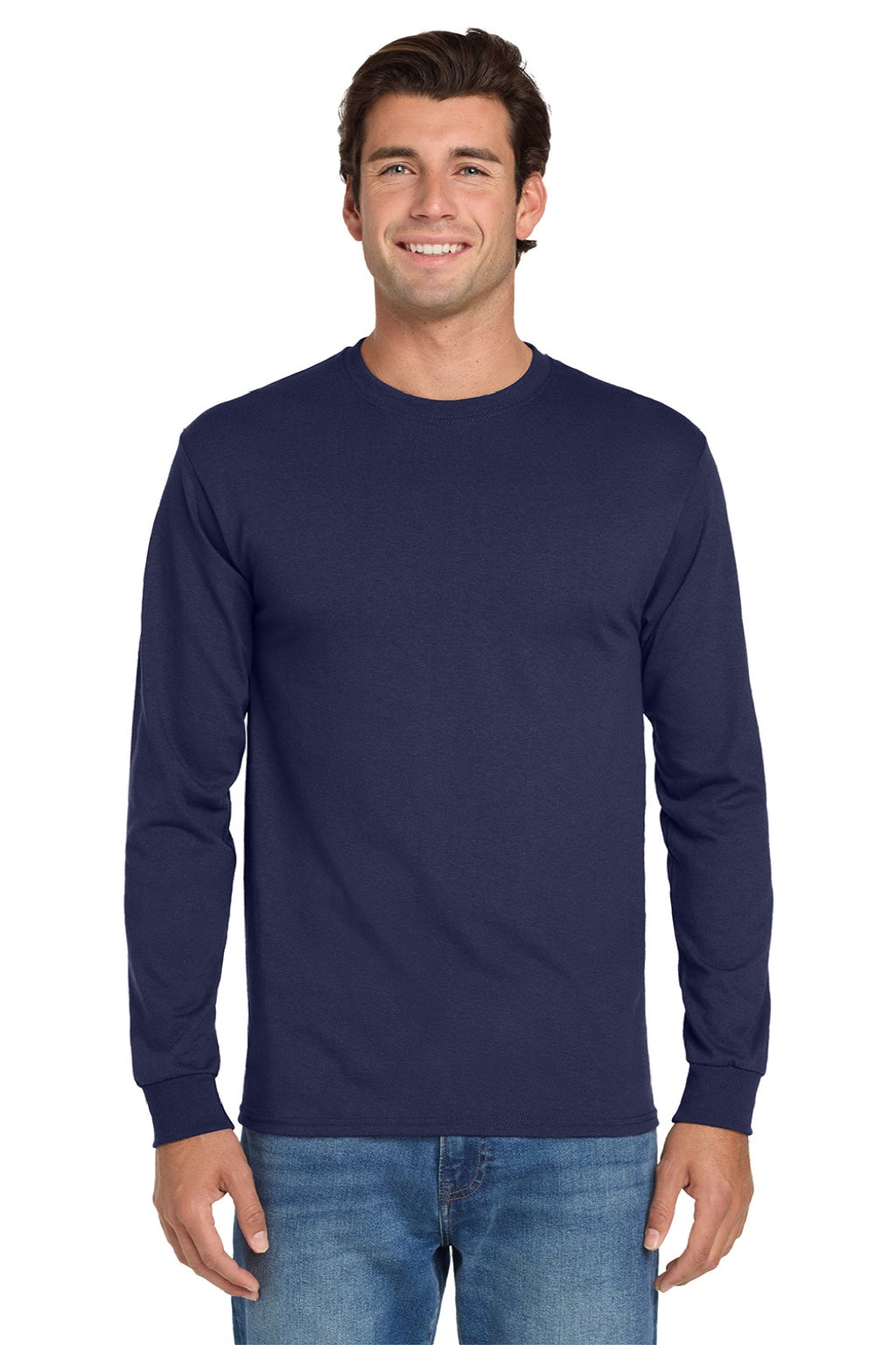 Jerzees 29LS/29LSR Mens Dri-Power Moisture Wicking Long Sleeve Crewneck T-Shirt Navy Blue Model Front