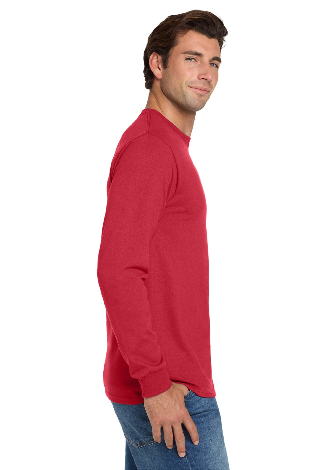 Jerzees 29LS/29LSR Mens Dri-Power Moisture Wicking Long Sleeve Crewneck T-Shirt True Red Model Side