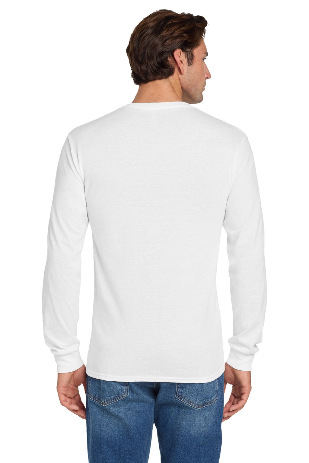 Jerzees 29LS/29LSR Mens Dri-Power Moisture Wicking Long Sleeve Crewneck T-Shirt White Model Back