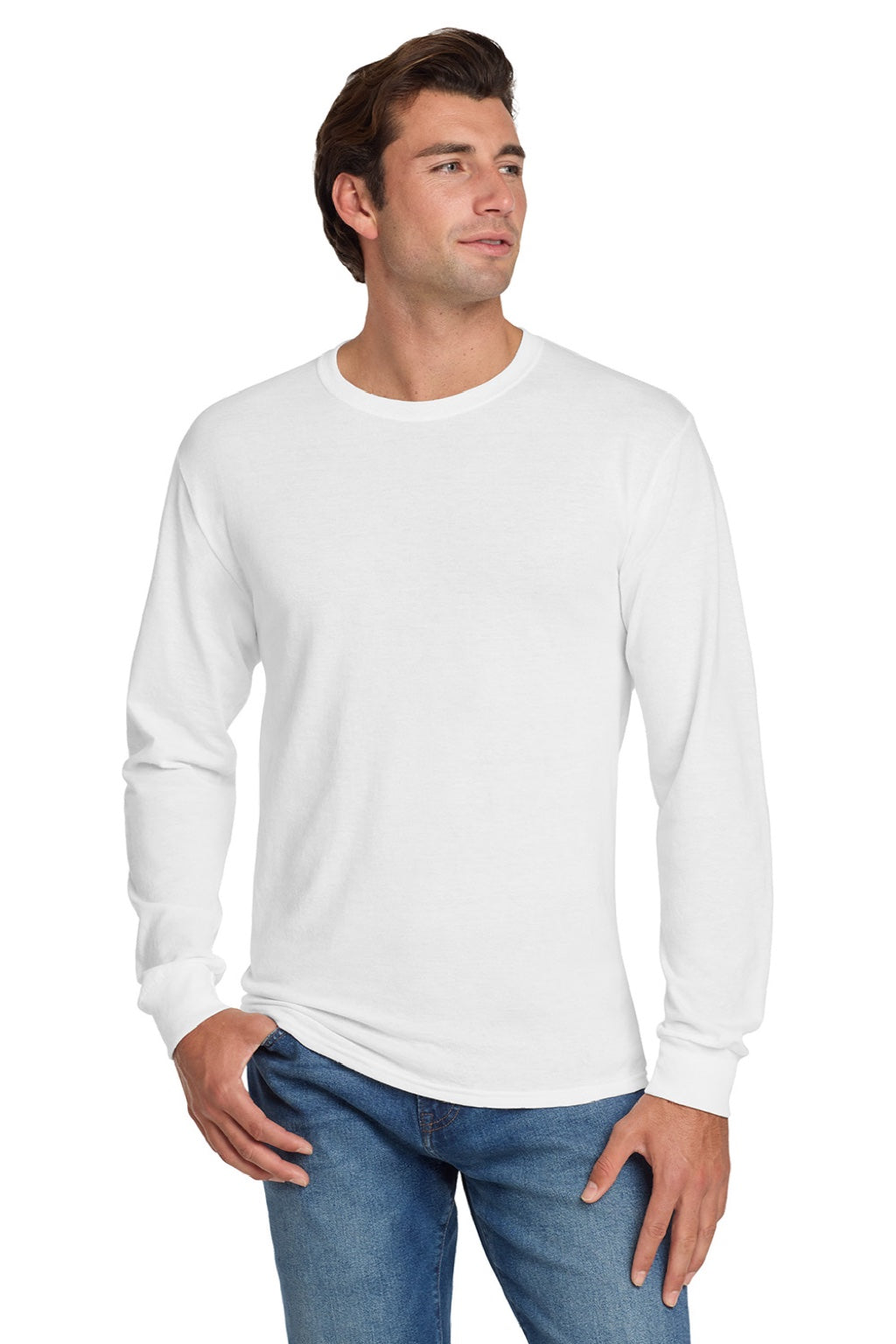 Jerzees 29LS/29LSR Mens Dri-Power Moisture Wicking Long Sleeve Crewneck T-Shirt White Model Front