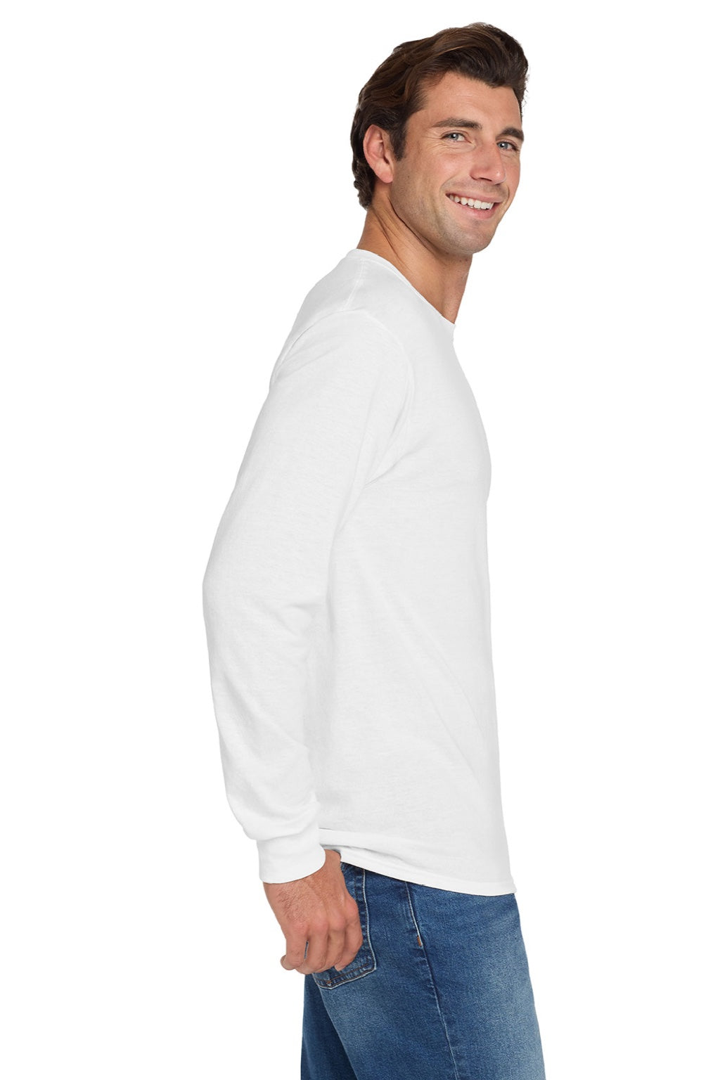 Jerzees 29LS/29LSR Mens Dri-Power Moisture Wicking Long Sleeve Crewneck T-Shirt White Model Side