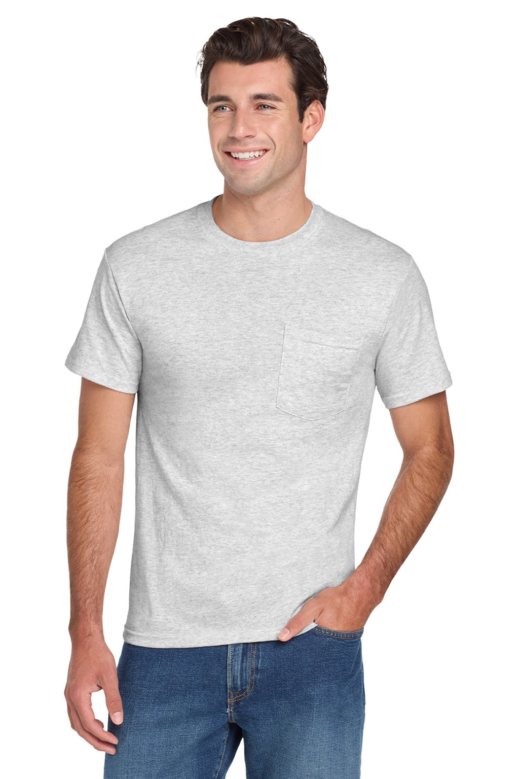 Jerzees 29MP/29MPR Mens Dri-Power Moisture Wicking Short Sleeve Crewneck T-Shirt w/ Pocket Ash Grey Model Front