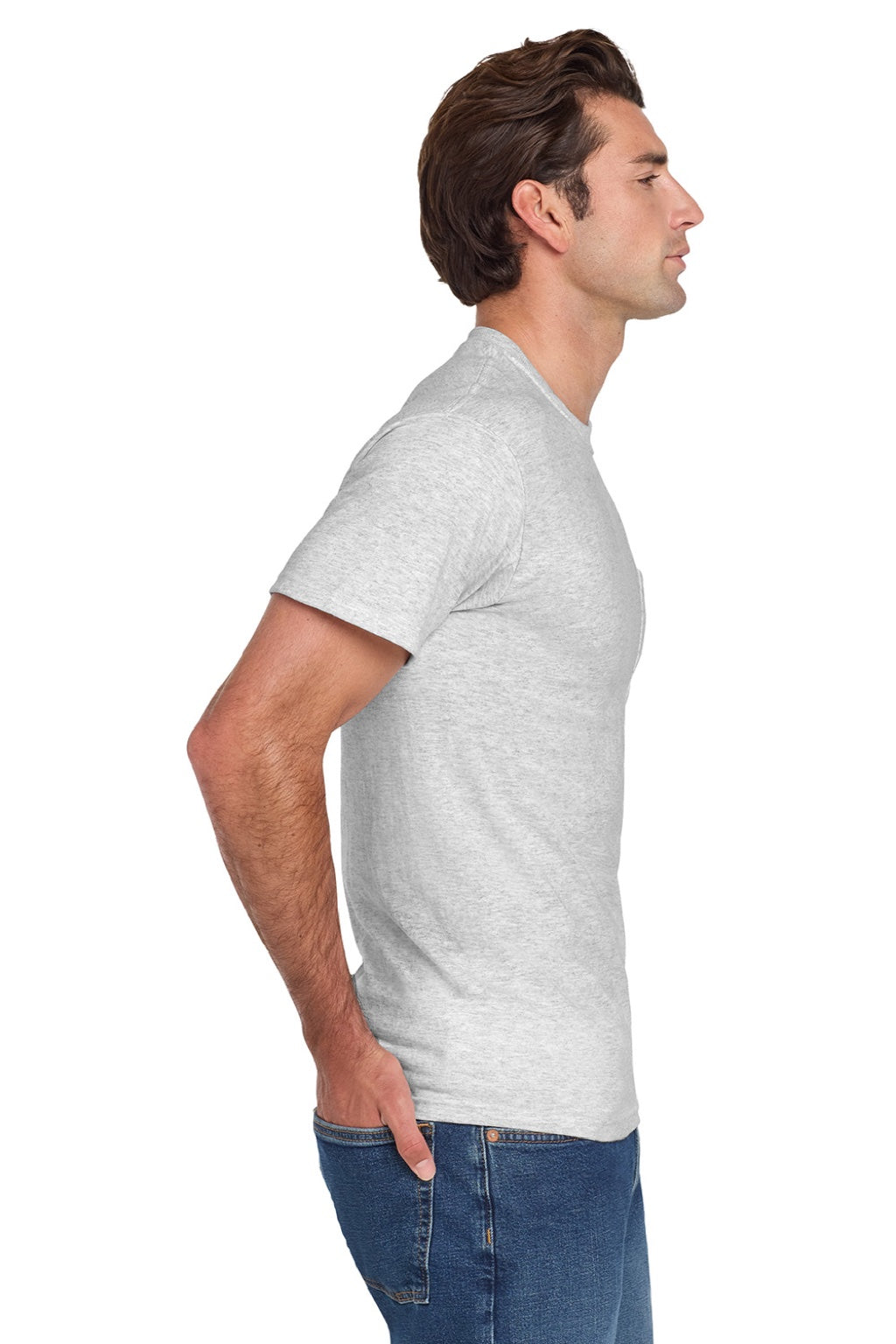 Jerzees 29MP/29MPR Mens Dri-Power Moisture Wicking Short Sleeve Crewneck T-Shirt w/ Pocket Ash Grey Model Side