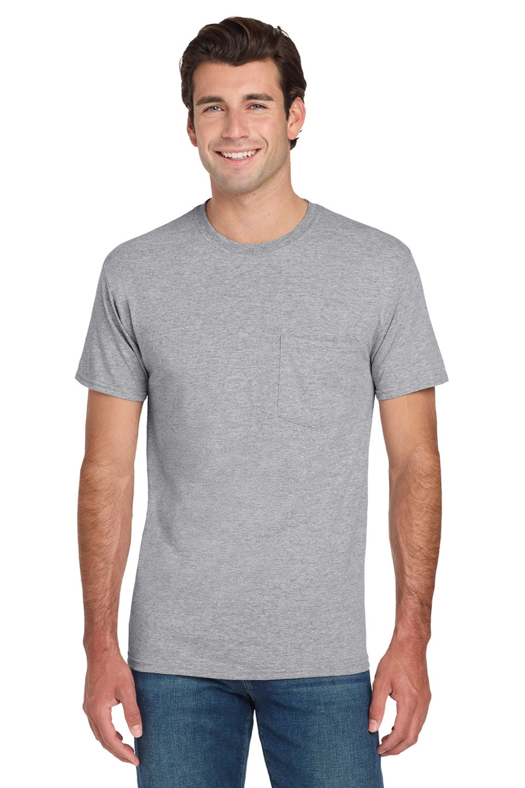 Jerzees 29MP/29MPR Mens Dri-Power Moisture Wicking Short Sleeve Crewneck T-Shirt w/ Pocket Heather Grey Model Front