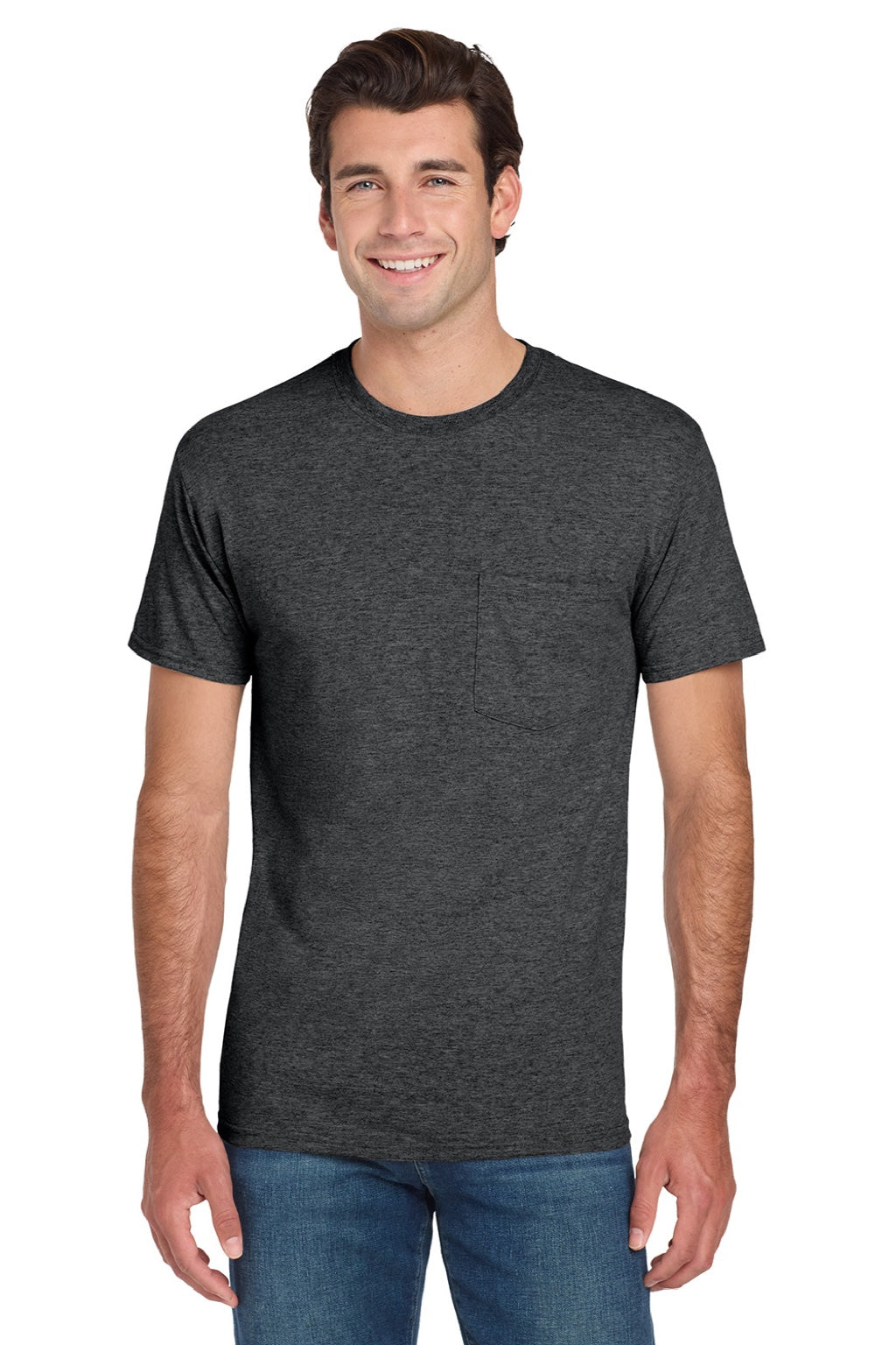 Jerzees 29MP/29MPR Mens Dri-Power Moisture Wicking Short Sleeve Crewneck T-Shirt w/ Pocket Heather Black Model Front