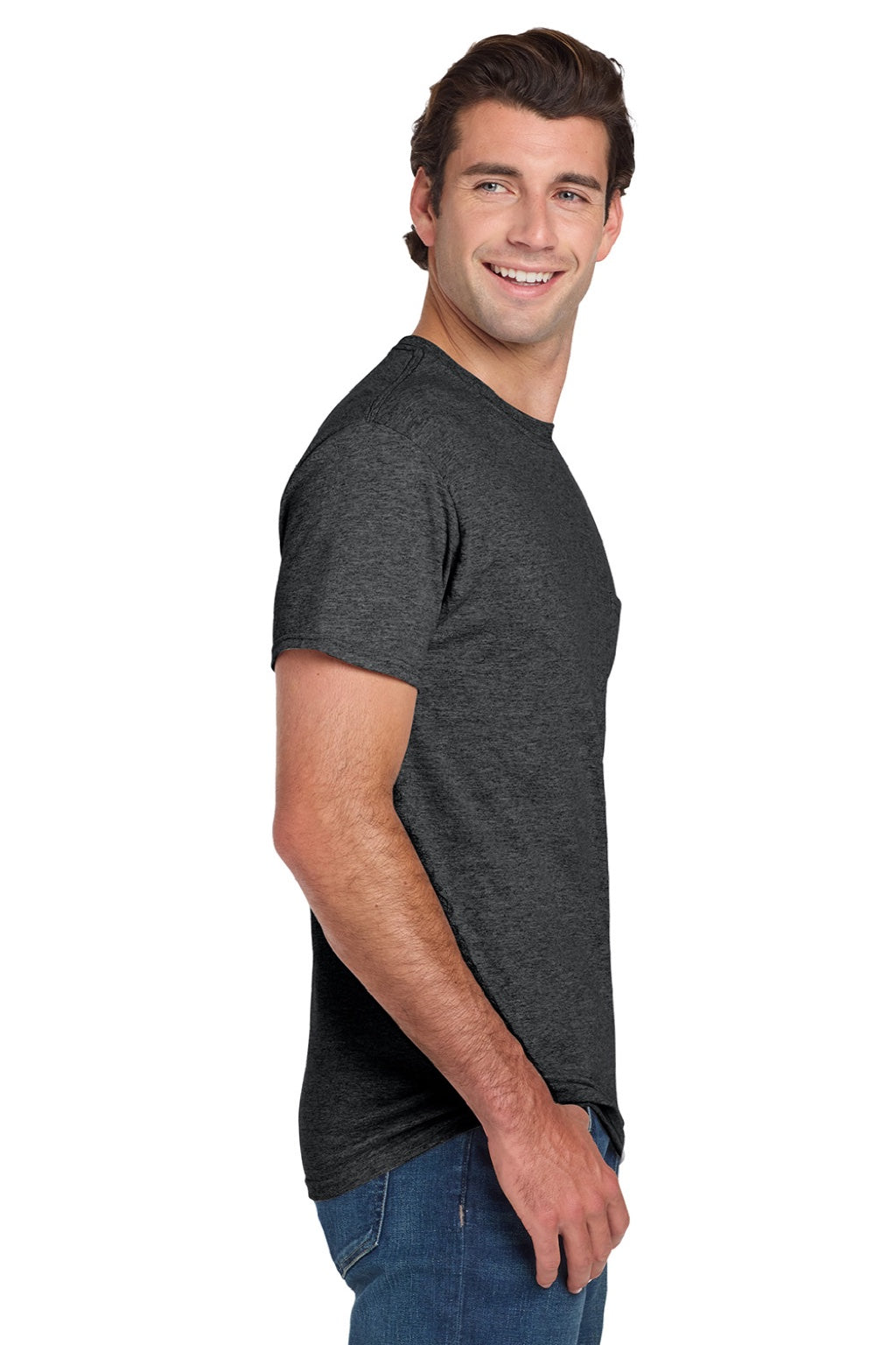 Jerzees 29MP/29MPR Mens Dri-Power Moisture Wicking Short Sleeve Crewneck T-Shirt w/ Pocket Heather Black Model Side
