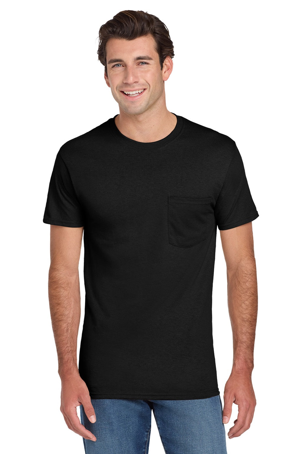 Jerzees 29MP/29MPR Mens Dri-Power Moisture Wicking Short Sleeve Crewneck T-Shirt w/ Pocket Black Model Front