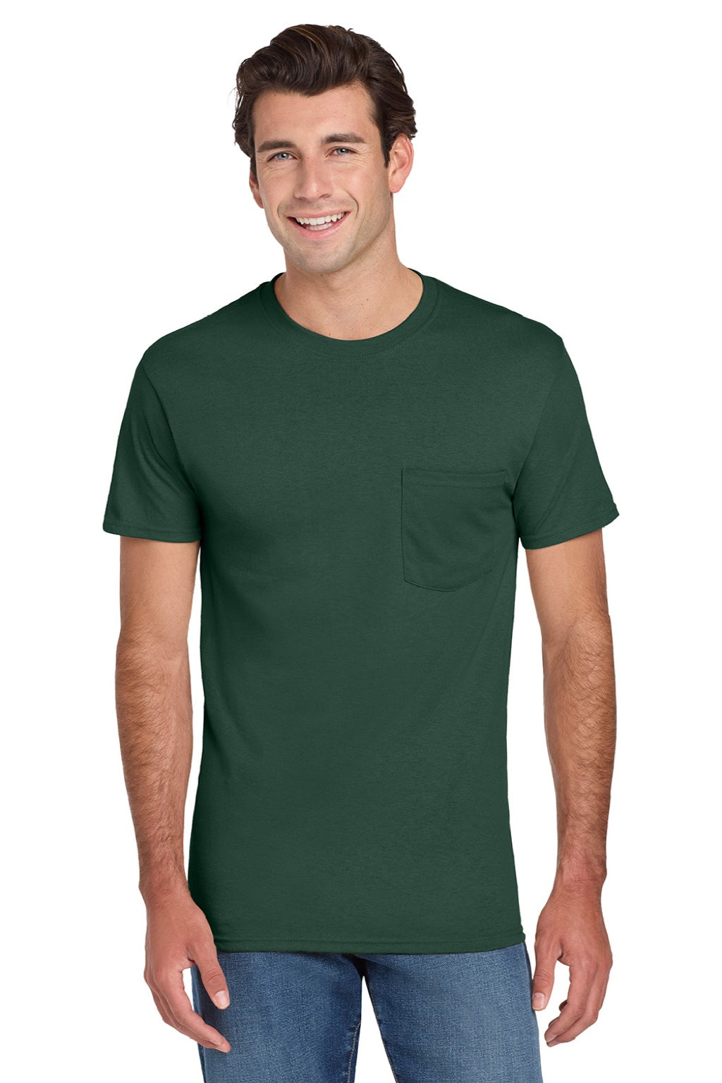 Jerzees 29MP/29MPR Mens Dri-Power Moisture Wicking Short Sleeve Crewneck T-Shirt w/ Pocket Forest Green Model Front