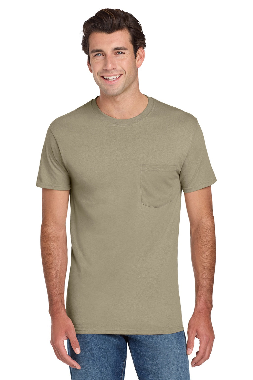 Jerzees 29MP/29MPR Mens Dri-Power Moisture Wicking Short Sleeve Crewneck T-Shirt w/ Pocket Khaki Model Front