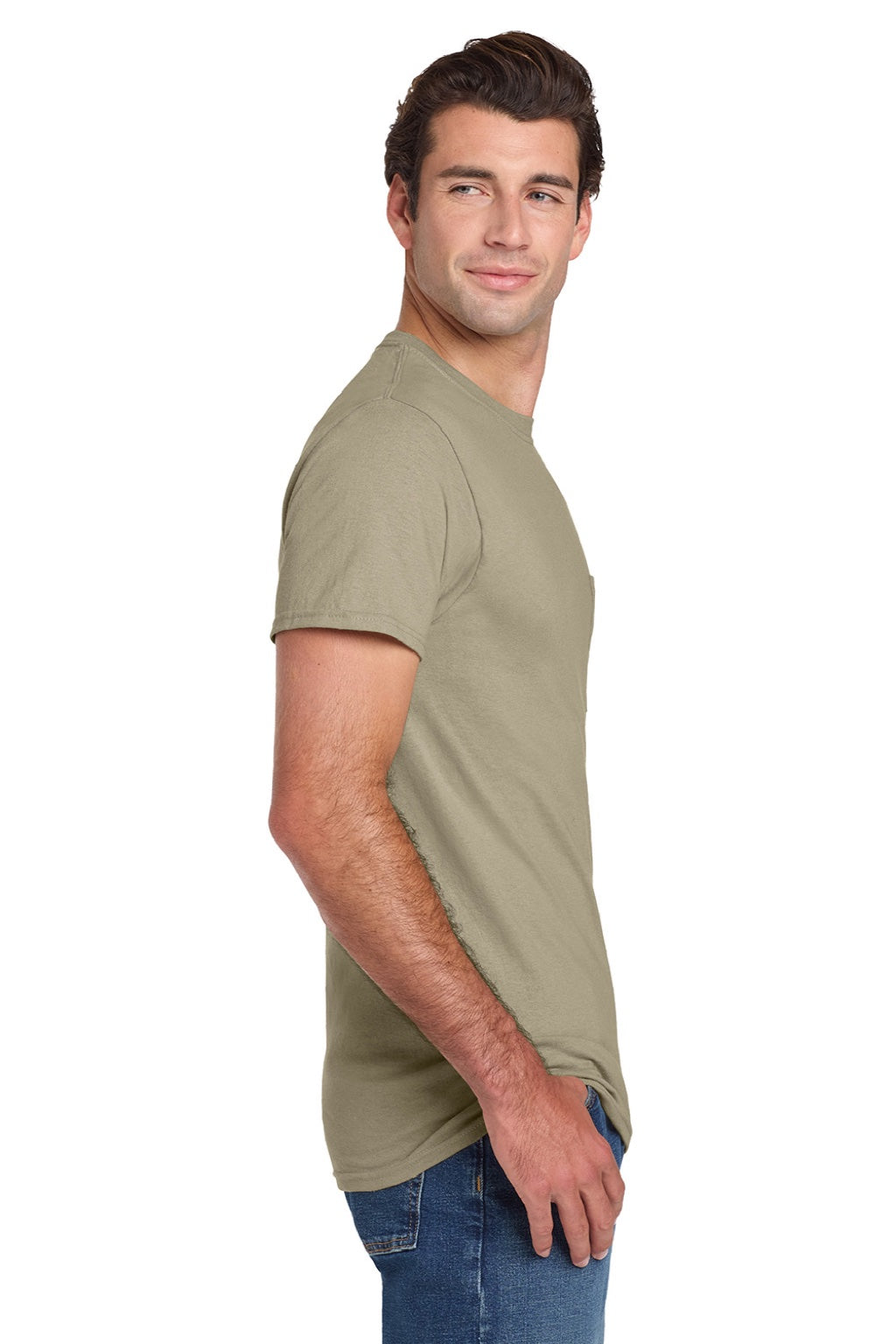 Jerzees 29MP/29MPR Mens Dri-Power Moisture Wicking Short Sleeve Crewneck T-Shirt w/ Pocket Khaki Model Side