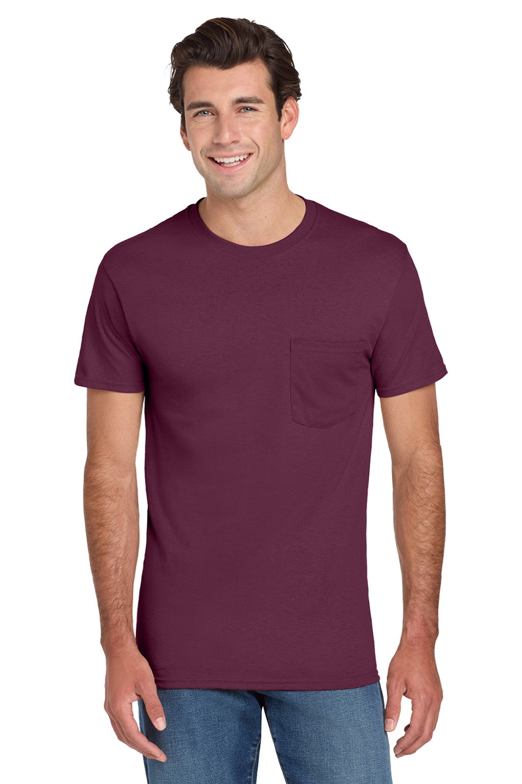 Jerzees 29MP/29MPR Mens Dri-Power Moisture Wicking Short Sleeve Crewneck T-Shirt w/ Pocket Maroon Model Front